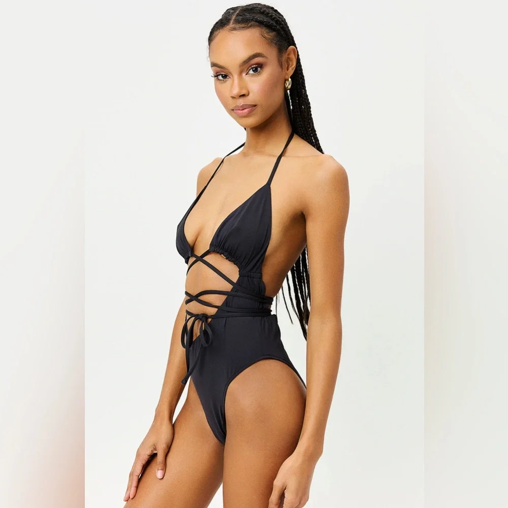 Frankie's Bikinis Black Wrap One-Piece Swimsuit